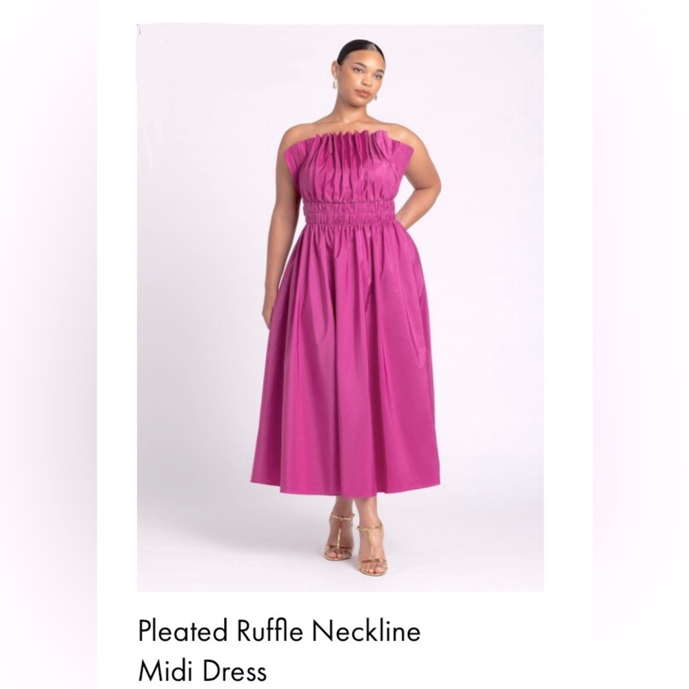 ELOQUII (Rare) Pleated Ruffle Neckline Midi Dress Fuschia